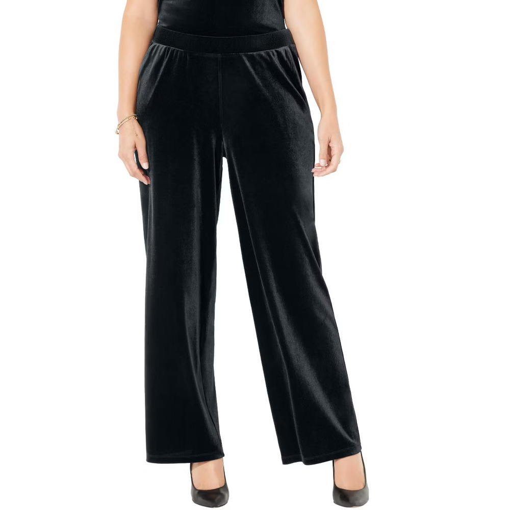 NWT Catherines Velour Wide Leg Pants Sz 3XWP Black Pull On Elastic Waist Stretch